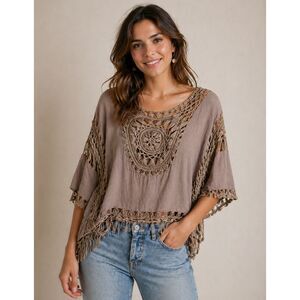 Rebellion Tan Crochet Top Size Small Boho Festival Macrame 70s Revival Hippie
